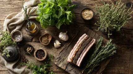 Fresh herbs, spices, and raw pork belly on rustic wooden board with garlic and olive oil for culinary preparation and gourmet cooking inspiration