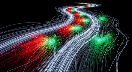 Abstract image of white fibers with red and green light bursts on black