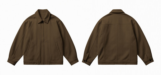 Dark Brown Zip-Up Canvas Jacket Mockup Front and Back View Isolated on White Background © Drip