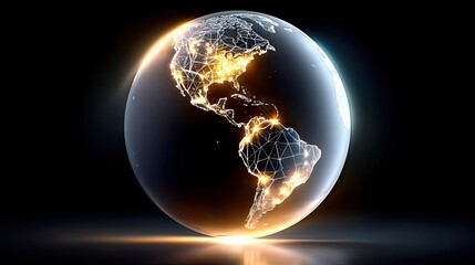 A stylized, glowing representation of planet Earth, showing continents with illuminated cities and a network of lines connecting them, set against a dark, abstr