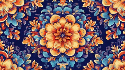 Vibrant symmetrical floral pattern with orange and blue flowers on a dark background, intricate decorative design
