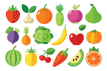 Vibrant assortment showcases fresh fruits and vegetables with simple cartoonstyle visuals on a plain white backdrop
