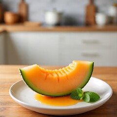 Juicy Cantaloupe Slice on White Plate with Mint Leaves