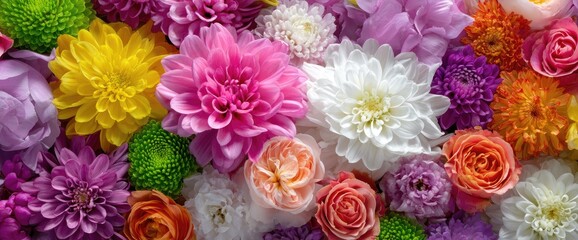 A vibrant mix of colorful flowers, full bloom and close-up, for background