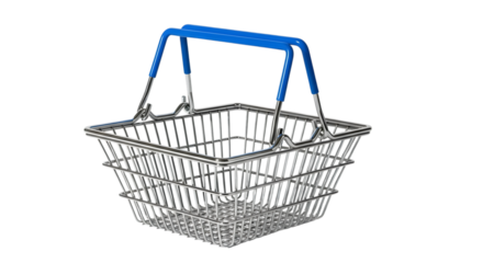 Empty wire shopping basket with blue handles on a black background