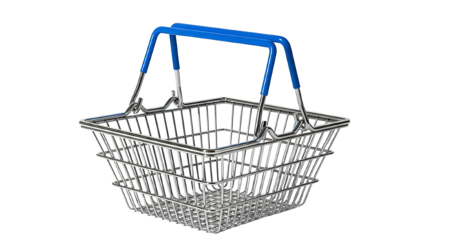 Empty wire shopping basket with blue handles on a black background