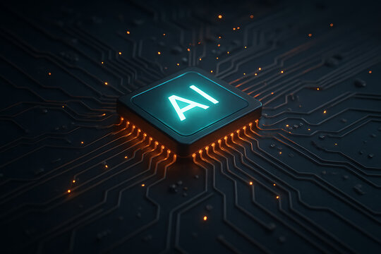 Artificial intelligence processor microchip glowing with teal and warm orange light installed on a complex electronic circuit board symbolizing advanced hybrid computing - Powered by Adobe