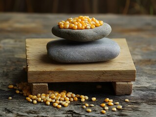 Golden corn kernels on smooth grey stones and rustic wood surface