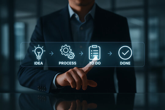 Businessman finger touching virtual to do list icon on transparent screen showing idea process done steps concept for business management workflow digital tasks plan