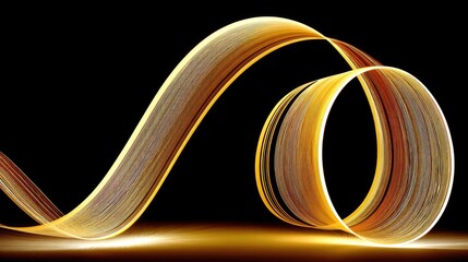 A flowing, luminous golden ribbon curves and loops against a dark black background. The ribbon is made of thin, parallel strands that create a textured effect.