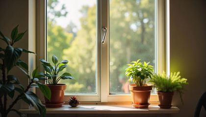 Fototapeta premium Potted plants on a bright windowsill with natural light and a serene setting 