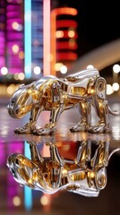 A highly detailed, metallic golden robotic panther sculpture stands on a wet surface, reflecting the vibrant, blurred lights of a city at night. The sculpture h