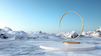 A minimalist golden ring sculpture stands on a marble pedestal in a vast, snow-covered mountain landscape under a clear blue sky. The scene is serene and cold,