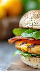 A close-up, side-view of a gourmet chicken burger. It features a toasted sesame seed bun, crisp lettuce, a thick grilled chicken patty, melted cheddar cheese, a