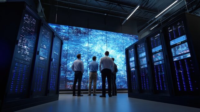 Contemporary data center with IT specialists monitoring large video wall displaying real-time cloud synchronization, clean industrial interior, suitable for enterprise cloud infrastructure concept.