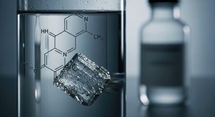 A chilled glass of clear liquid holds an ice cube, overlaid with a molecular structure. A blurred vial sits in the background. The lighting is cool, with focus on the water