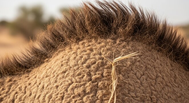 Close-up showcases a camel's hump and neck fur. Textural details reveal coarse hair and the desert environment. A stray blade of grass rests on the fur. Sun-drenched colors create a warm feel