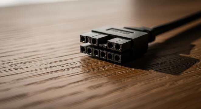 Close-up of a black computer power connector on a textured wooden surface - Powered by Adobe
