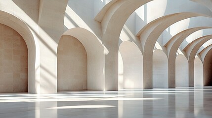 An empty, grand hallway with repeating archways and columns, illuminated by dramatic sunlight casting long shadows on the polished floor. The architecture is mo