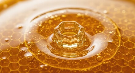 Close-up view of golden honey on honeycomb, showcasing a central hexagonal feature with intricate cell patterns and a glossy, textured surface. Bubbles are dispersed within the viscous liquid