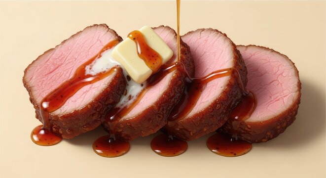 Sliced roast beef, medium-rare, glistens under a drizzle of glossy brown sauce and melting butter, all against a neutral backdrop. 
