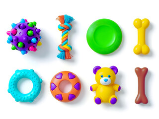 Y2k dog toy icons set – ball, rope, frisbee, bone, ring, plush, chew. 3D icon set
