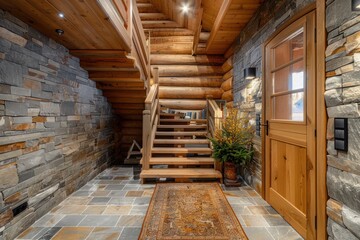 Rustic Hallway: Wooden Staircase and Stone Cladding Wall - Modern Entrance with Cozy Home Interior Design, Doorway Scene