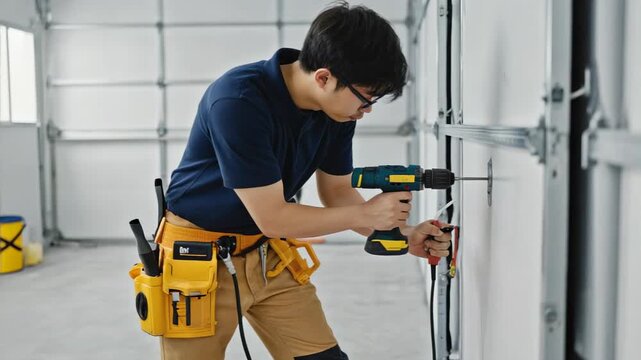 Worker installing hardware using cordless drill on door frame