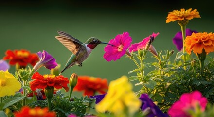 Obraz premium Hummingbird sips nectar from bright flowers, sunlit scene, blurred background