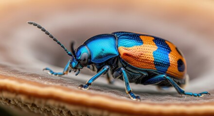 A macro shot showcases a vibrant, iridescent beetle with a striking blue and orange pattern. Its intricate details are magnified, highlighting its antennae, legs, and segmented body. 