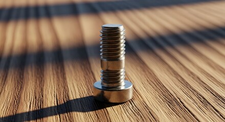 Shiny metal bolt on a wooden surface, with striped shadows and sunlit details