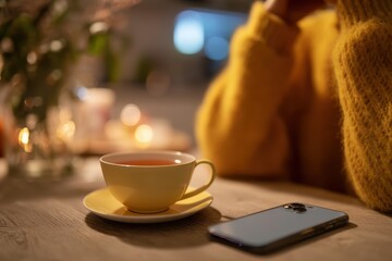 Gen Z woman enjoying quiet moment with cup of tea and smartphone turned face down on table for digital boundaries and mindful living wellness concept