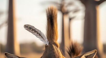 Close-up of giraffe head, adorned with a feather. Soft focus with blurred trees & warm light. Focus on the feather and giraffe's fur. African savanna ambiance