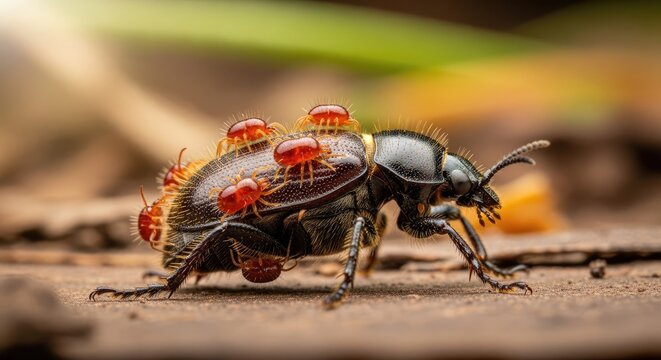 A large, black beetle is covered with small, red mites, crawling on its back and sides. Soft sunlight illuminates the scene, showcasing textures on wood and foliage