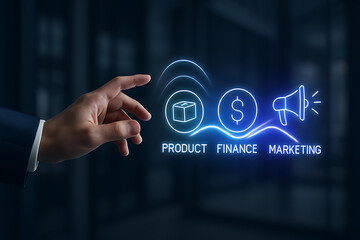 Businessman hand demonstrating three glowing icons product finance marketing on virtual screen concept for business management sales promotion and financial investment strategies development