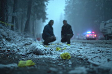 A tense atmosphere emerges as investigators examine a snowy forest scene, darkened by mystery, adding a layer of intrigue to the wintry landscape and its hidden stories.