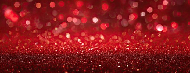 A vibrant red glitter background, featuring sparkling bokeh lights and shiny particles, perfect for festive designs