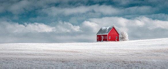 A vibrant red house stands in a snow-covered field under a cloudy, blue sky. A solitary tree adds detail