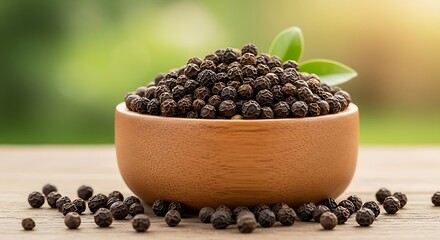 Heap of whole black peppercorns in a rustic wooden bowl, set in natural sunlight with a blurred green garden background. (19 words)