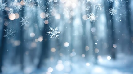 Abstract blurred background with snow, bokeh lights, pastel blue colors, white fluffy clouds, pine tree branches and ice crystals. Ideal for Christmas card or New Year poster design with copy space.