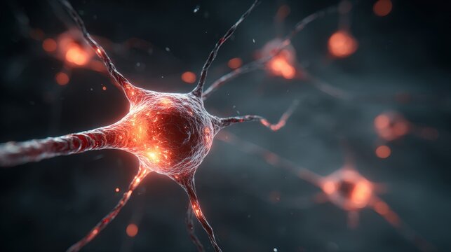A detailed digital depiction of a neuron, showcasing its intricate structure and glowing connections, representing the complexity of the nervous system.