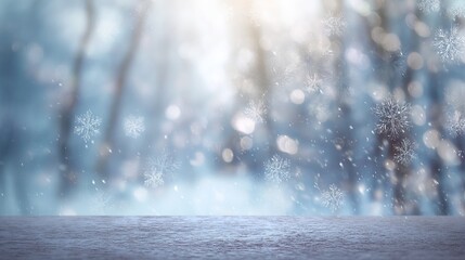 Abstract blurred background with snow, bokeh lights, pastel blue colors, white fluffy clouds, pine tree branches and ice crystals. Ideal for Christmas card or New Year poster design with copy space.
