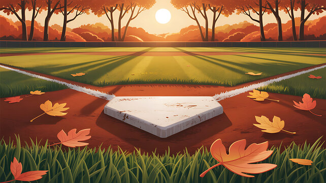 Autumn baseball field home plate at sunset with leaves - Powered by Adobe