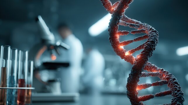 A close-up of a DNA helix illuminated with glowing lights, set against a lab background featuring test tubes and a microscope.