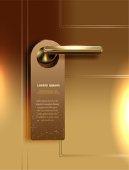 Elegant golden door with ornate handle and a hanging sign featuring placeholder text, evoking luxury hotel ambiance and privacy signage in warm metallic tones.