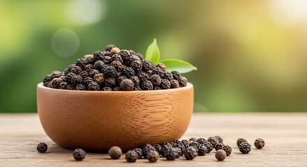 Heap of whole black peppercorns in a rustic wooden bowl, set in natural sunlight with a blurred green garden background. (19 words)