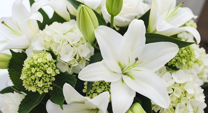 Elegant white lily and hydrangea floral arrangement close up - Powered by Adobe