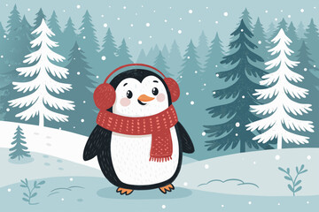 Vibrant Penguin Winter Outfit Snowy Forest Back Creative Visual