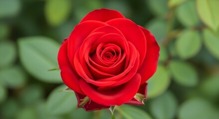 Close up of a vibrant red rose in garden setting