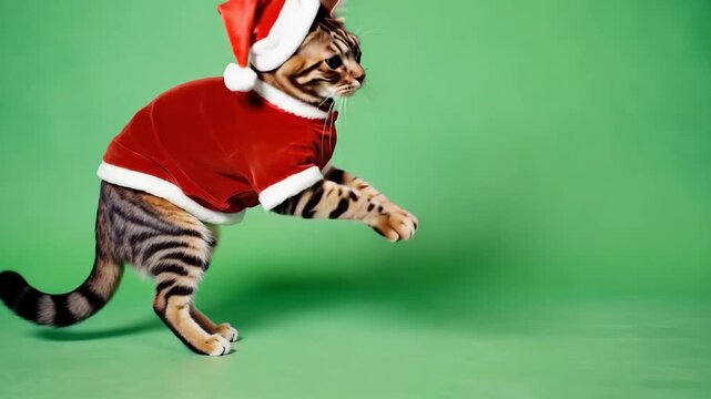 Cute bengal cat dressed as santa claus for the holidays. A sequence of three images shows the funny pet sitting then walking on a chroma key green screen background